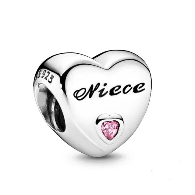 2024 Original 925 Silver Simple Heart Charm Daughter Mom Dad Bead Fit Dpandore Bracelet Necklace Women Diy Jewelry For Gift