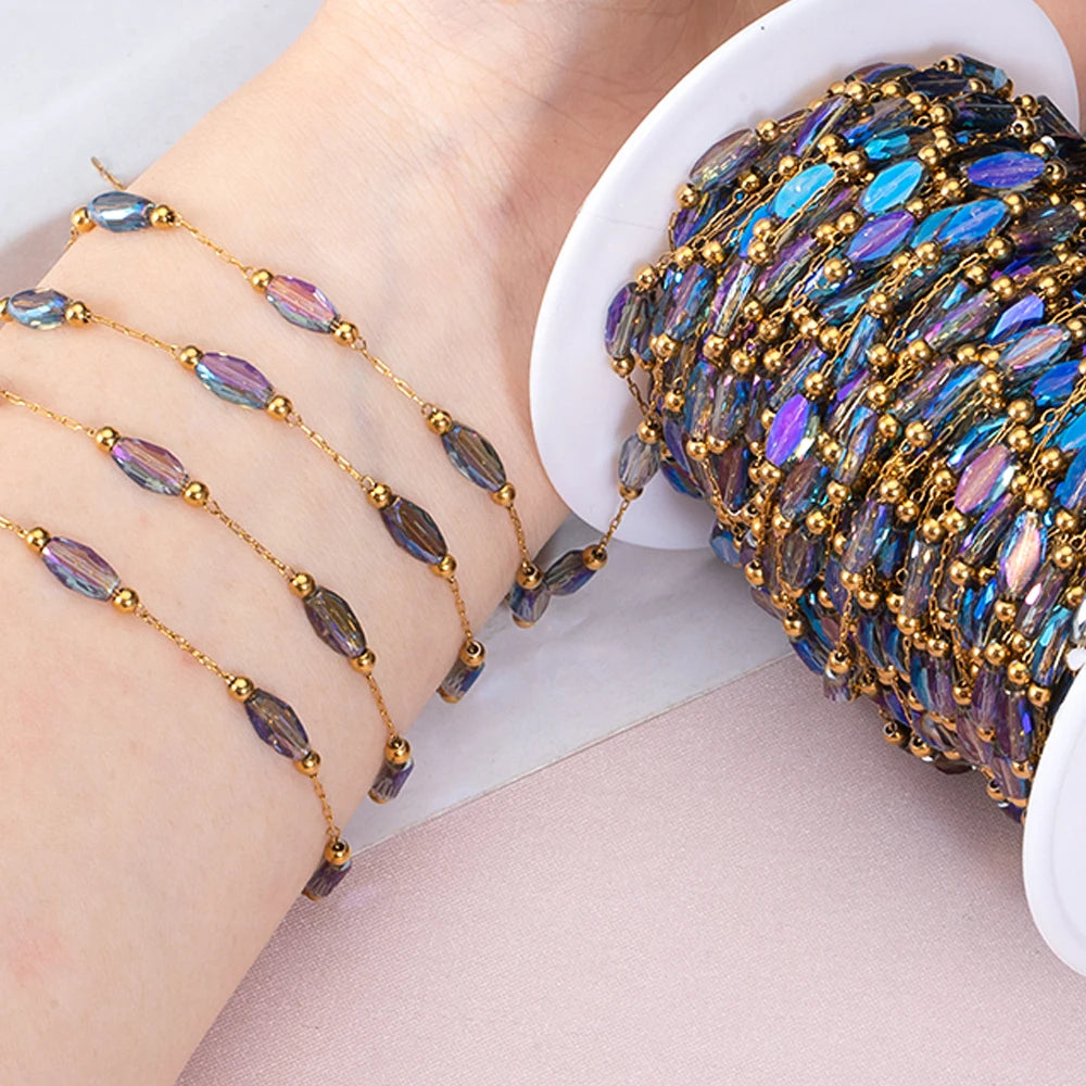 2Meters 1Meter Stainless Steel Chain Shiny Blue Stone Beads Beaded Chains for Necklace Bracelet Jewelry Making DIY Accessories