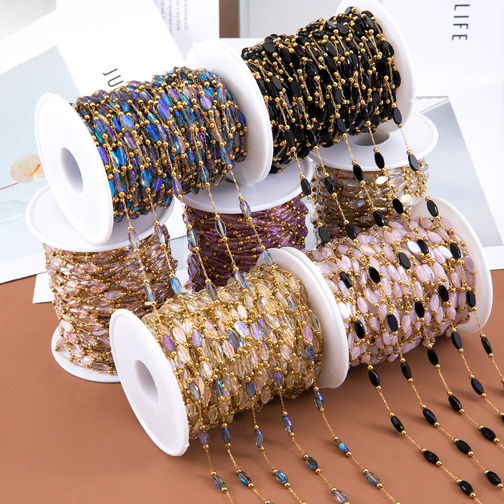 2Meters 1Meter Stainless Steel Chain Shiny Blue Stone Beads Beaded Chains for Necklace Bracelet Jewelry Making DIY Accessories