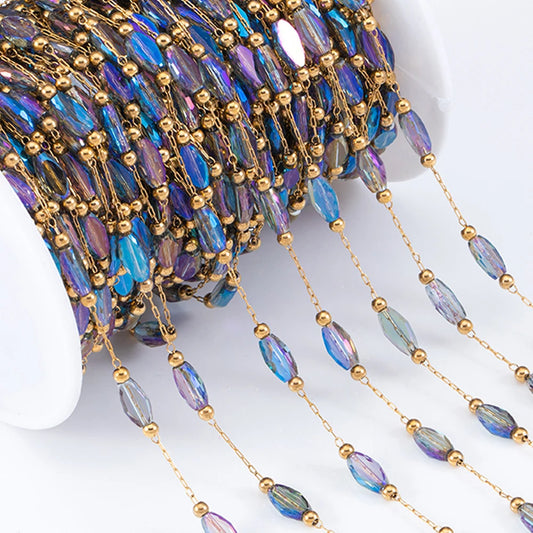 2Meters 1Meter Stainless Steel Chain Shiny Blue Stone Beads Beaded Chains for Necklace Bracelet Jewelry Making DIY Accessories
